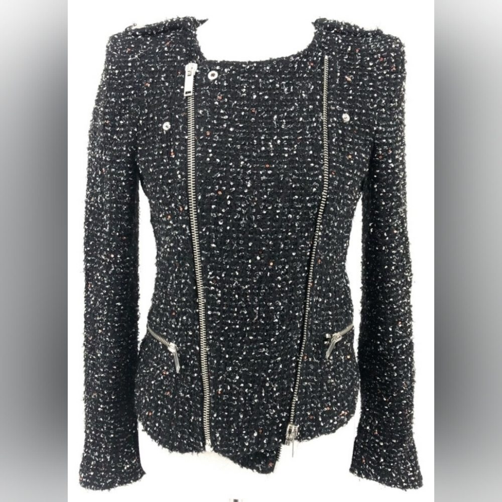 Zara Black Crop Moto Tweed Jacket L